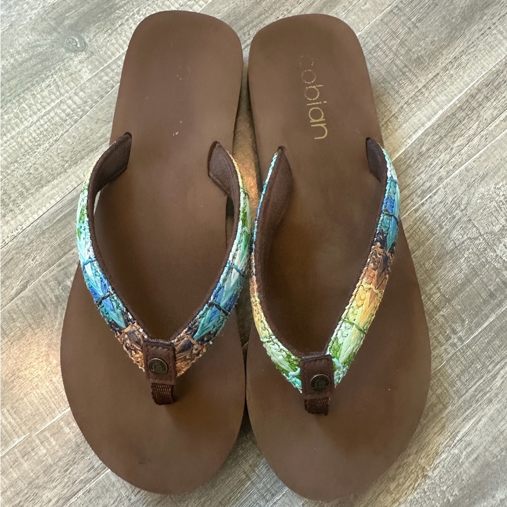 Cobian Brown Flip Flops with Multicolor Straps